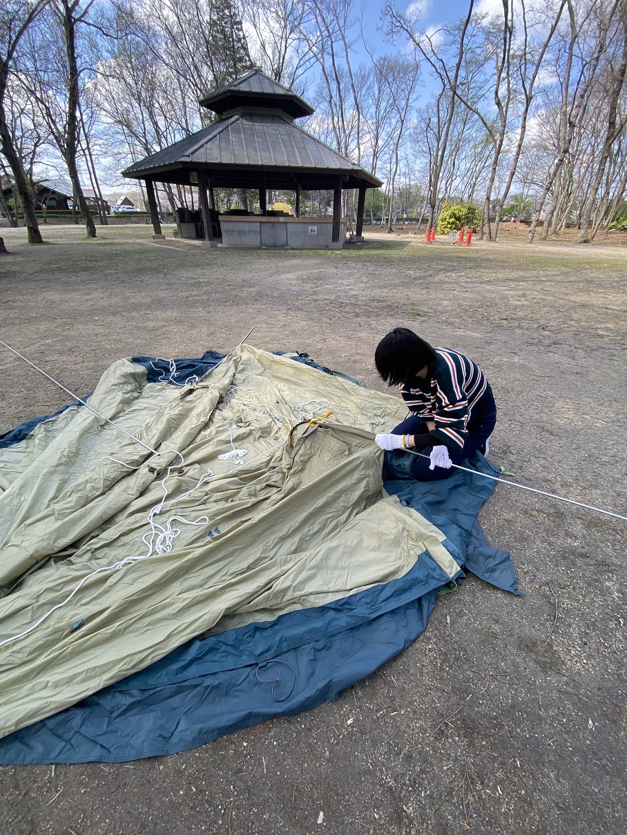 親子でタープの設営